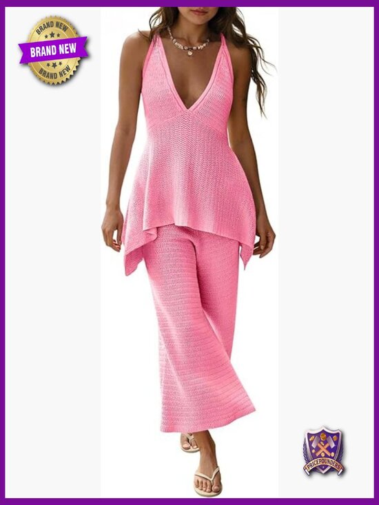 Pants - 2 Piece Knit Sets Summer Outfits Deep V Neck Flowy Tank Wide Leg Pants Matching